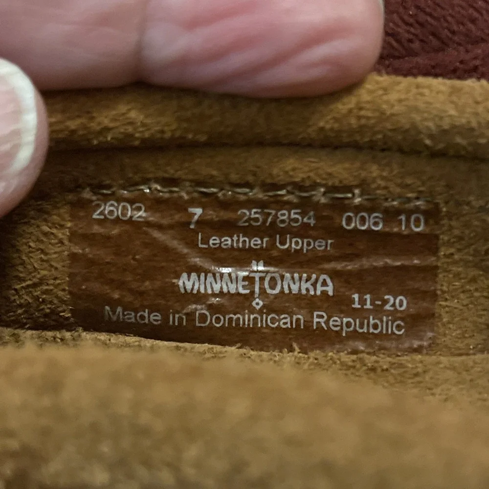 Minnetonka Thunderbird Moc Suede Moccasins Kids Sz 7 Beaded Brown Slip‎ On Shoes